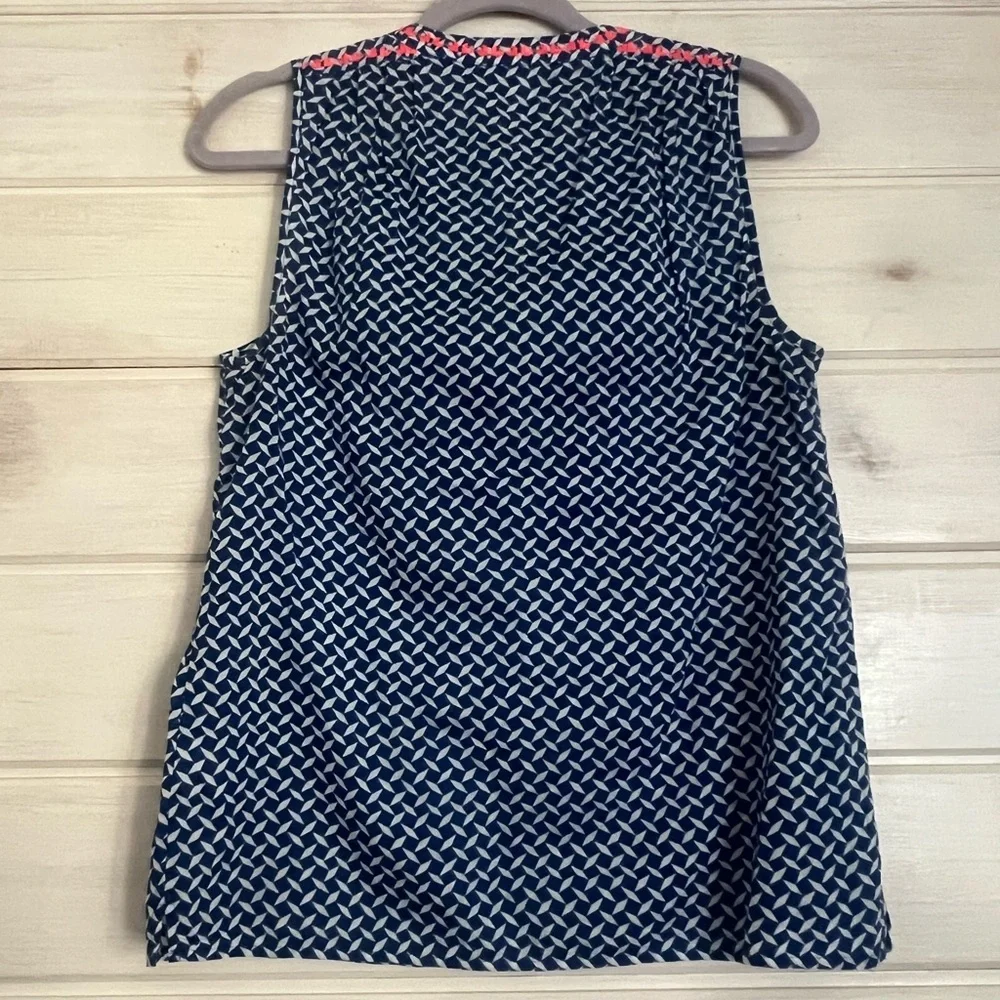 J. Crew Navy Geometric Sleeveless Top with Coral Embroidery